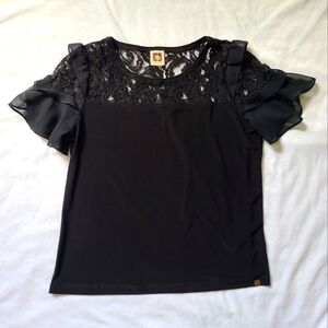 Anne Klein Black Lace Ruffle Sleeve Top size S